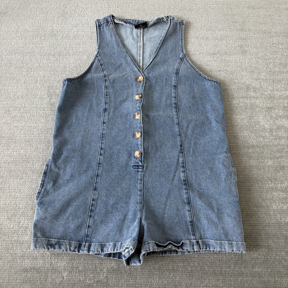Miou Muse Denim Shortall Romper M Blue Cotton Utility Casual Button Pockets